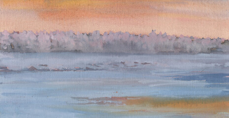 Watercolor landscape of riverside on winter frosty day