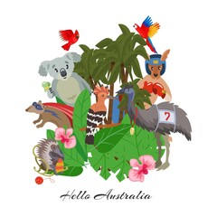 Hello Australia lettering, cute, wild animals, australian mammal, continent natural habitat, cartoon style vector illustration. Funny koala, bright, green tropical vegetation, birds, isolated on white