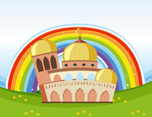 Arab beautiful mosque with rainbow background
