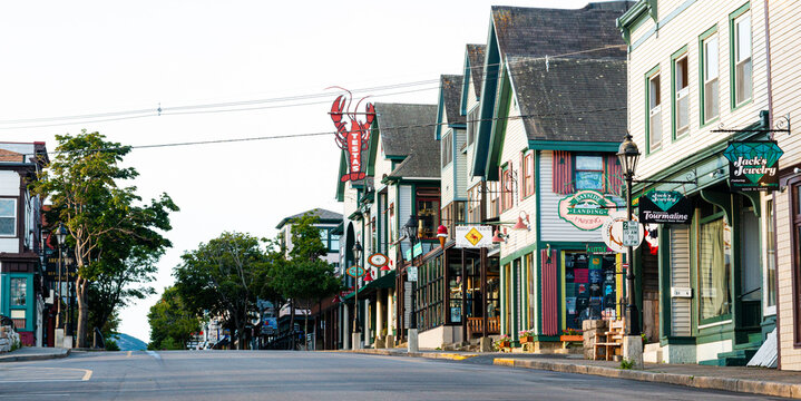 Bar Harbor Village wide view of main street is empty in the early morning.