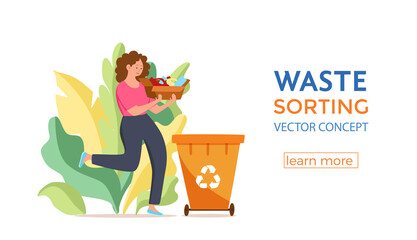 Young woman throwing plastic garbage into containers vector illustration.