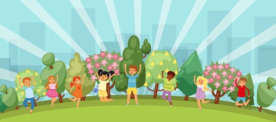 Happy kids jumping in summer park, funny boys cute girls, outdoor playground outside city, cartoon style vector illustration. Beautiful, blooming fruit trees, grass, children on colorful background.