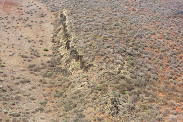 Aerial view of the Great Rift Valley, Kenya. The Great Rift Valley is part of an intra-continental ridge system that runs through Kenya from north to south.