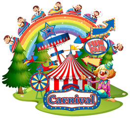 Scene with monkeys having fun at the carnival on white background