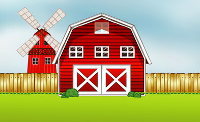 Farm scene in nature with barn and windmill