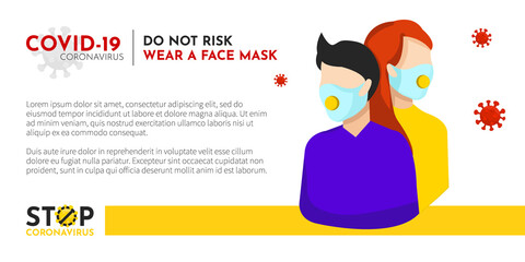 Obraz premium Vector illustration covid-19 with young man and women for medical flyer design. Coronavirus leaflet with health care and pandemic effective protection concept