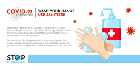 Obraz premium Vector illustration covid-19 with wash hands and using sanitizer concept for medical flyer design. Coronavirus leaflet with health care and pandemic effective protection