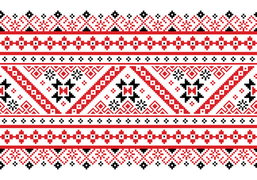 Ukrainian, Belarusian folk art vector seamless pattern in red and black, inpisred by traditional embroidery Vyshyvanka 
 