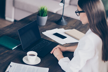 Close-up profile side view portrait of her she attractive focused busy lady qualified copywriter IT...