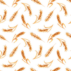 Watercolor seamless pattern with wheat spikelets on a white background.