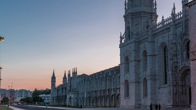 Mosteiro dos Jeronimos day to night transition timelapse (Hieronymites Monastery), located in the Belem district of Lisbon, Portugal. Typical example of the Manueline style. UNESCO World Heritage Site