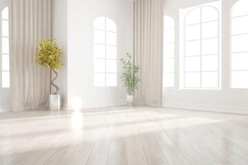 modern empty room with curtains and plants interior design. 3D illustration