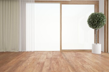 Fototapeta na wymiar modern room with curtains and plant interior design. 3D illustration