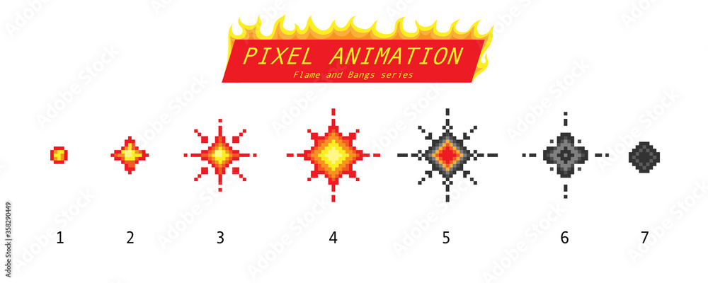 Poster nuclear explosion. pixel art 8 bit fire objects. game icons set. comic boom flame effects. bang burs