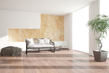 modern room with sofa,pillows,pouf,plaid,plants and curtains interior design. 3D illustration