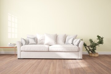 modern room with sofa,pillows,table and plants interior design. 3D illustration