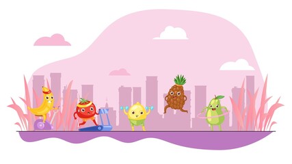 Funny fruits do sport, colorful pink background, concept healthy lifestyle, healthy eating, cartoon style vector illustration. Fun fitness, cute banana, workout equipment, active outdoor activities.
