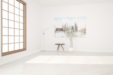 modern room with table,plants and lamp interior design. 3D illustration