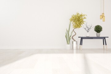 modern room with table,plants,lamp interior design. 3D illustration