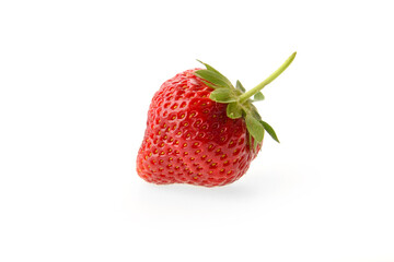 Red strawberry with a green stem on a white background