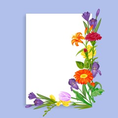 card flowers for spring sale decoration, colorful template for business promotion, design, cartoon style vector illustration. Beautiful seasonal sell-out, advertising banner, decorative voucher.