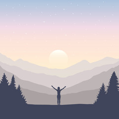 happy girl with raised arms on mountain and forest landscape vector illustration EPS10