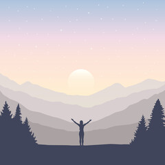 Obraz premium happy girl with raised arms on mountain and forest landscape vector illustration EPS10