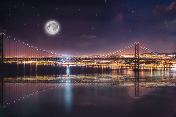 Big bridge with the moon during a quiet night. and a night city landscape that stretches over the river.