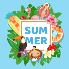 Inscription summer on gift card, background exotic, tropical leaves, colorful banner, design, cartoon style vector illustration. Bright poster, flowers and birds, boys and girls are resting on water.
