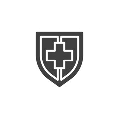 Obraz premium Healthcare insurance vector icon. filled flat sign for mobile concept and web design. Medical protection shield with cross glyph icon. Symbol, logo illustration. Vector graphics