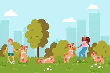 Summer, children play puppy in park, friendship, happy child and cheerful pet, design, cartoon style vector illustration. Happy childhood, activities people and pets, outdoor, green grass, blue sky.