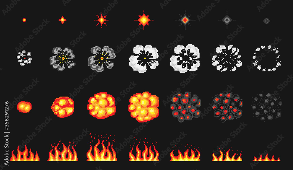 Poster pixel art 8 bit fire objects. nuclear explosion. game icons set. comic boom flame effects. bang burs