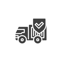 Cargo shipping insurance vector icon. filled flat sign for mobile concept and web design. Delivery truck and protection shield glyph icon. Symbol, logo illustration. Vector graphics