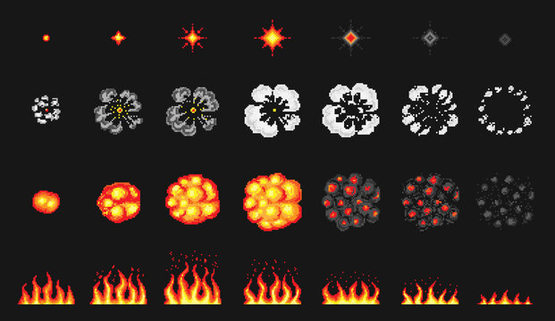 Pixel art 8 bit fire objects. Nuclear explosion. Game icons set. Comic boom flame effects. Bang burst explode flash dynamite with smoke. Digital icons. Animation Process steps.