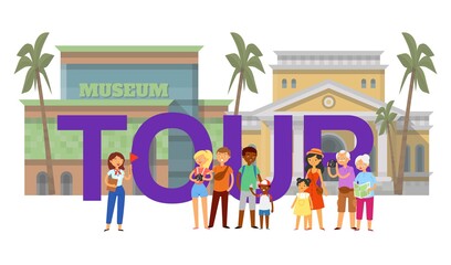 Fototapeta premium Inscription tour, tourist banner, guide for travelers, travel on vacation, background guides, cartoon style vector illustration. Men, women with cameras, group people to will museum, interesting place