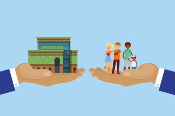 Tourism concept, tour, hand with museum and tourists, travel on city architecture, design, cartoon style vector illustration. reference Information, happy people, men, women different nationalities.