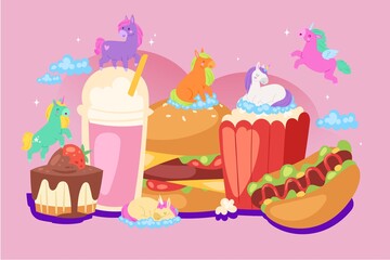 Fabulous unicorns, fast food, recipe composition, tasty hamburger, lovely breakfast, design, cartoon vector illustration. Trendy lifestyle, colorful, funny fantasy poster, chocolate poured cupcake.