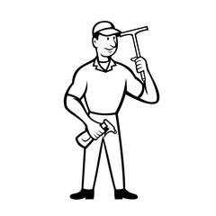 Window Cleaner Holding Squeegee and Spray Bottle Cartoon Black and White