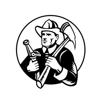 Fireman Holding Fire Axe and Hose Circle Woodcut Retro Black and White