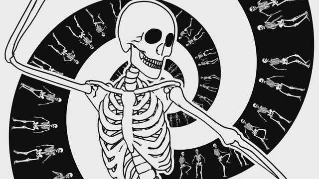 Seamless animation of swirl of psychedelic dancing skeletons printed drawn style cartoon. Hypnotic halloween background with marker stroke effect.