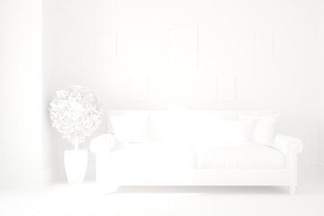 modern white room with sofa,pillows and plant in pot interior design. 3D illustration