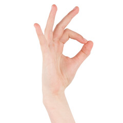 Hand gesture - okay, isolated on a white background. female palms indicate something, blank for your design.