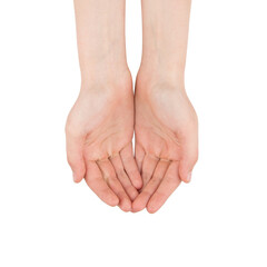 Open palms of the girl - a blank for design, close up of womans cupped hands showing something, top view. Isolate on a white background.