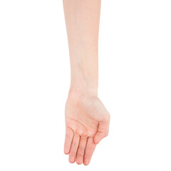 Open one  palm of the girl - a blank for design, close up of womans cupped hands showing something, top view. Isolate on a white background.