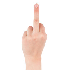 obscene gestures with hands - middle finger, gestures with female palms isolated on a white background, close-up