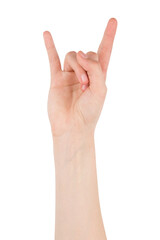 Hand gesture - Rock sign, isolated on a white background. female palms indicate something, blank for your design.