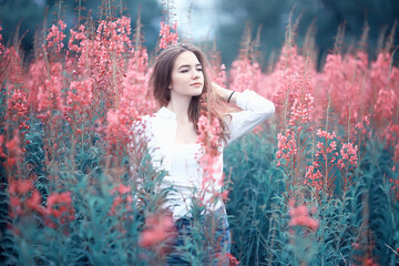 pink flowers hairgirl model / beautiful glamorous fashion model in the field nature summer