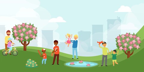 Father s day spent in city park, bright banner, happy child playing baseball with his dad, cartoon style vector illustration. People outdoors, healthy vacation parents play with children, green grass