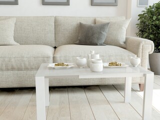 modern mock up of sofa with pillows and table with tea set and cakes interior design. 3D illustration