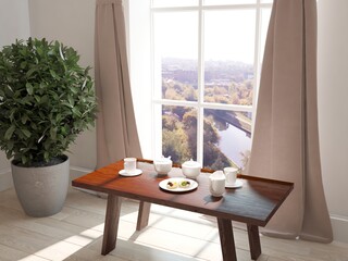 modern mock up with table with tea set,cakes,plants,curtains and urban background in windows interior design. 3D illustration
